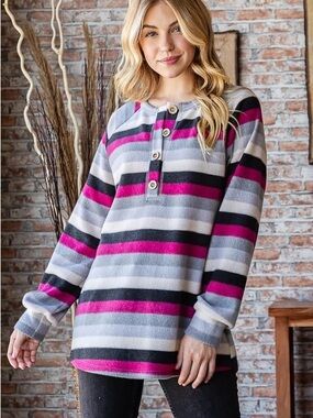 S L XXL XXXL Striped Henley Pullover Top in Gray and Pink